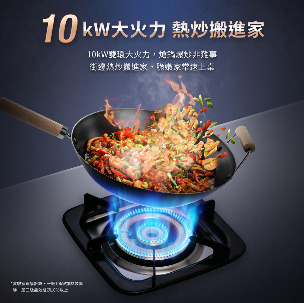 火力 熱炒搬進家10kW雙環大火力,鍋爆炒非難事街邊熱炒搬進家,脆嫩家常速上桌*實驗室理論計算,一級10kW加熱效率勝一般三級能效爐頭10%以上